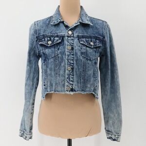 Acid Wash Cropped‎ Denim Jean Jacket Womens Grunge Retro Streetwear Y2K Size S